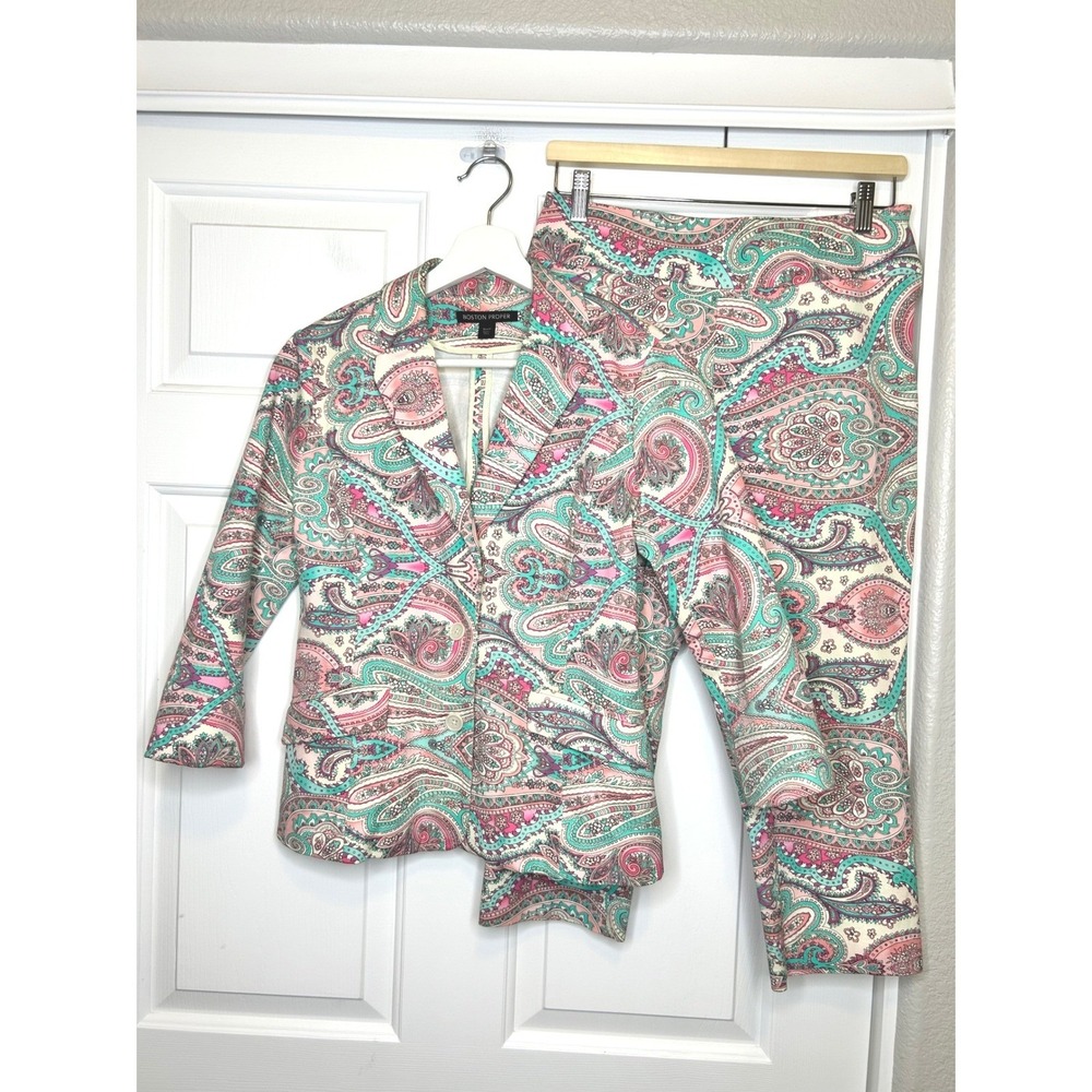 Boston Proper Pant Suit Set 6 Pink Turquoise Paisley Blazer Set